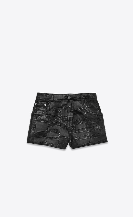 High-waist shorts in a python and lamb patchwork with studs